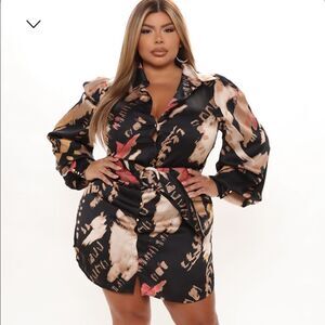 NWT Fashion Nova Avita Satin Shirt Dress - Black/combo - Size 3X